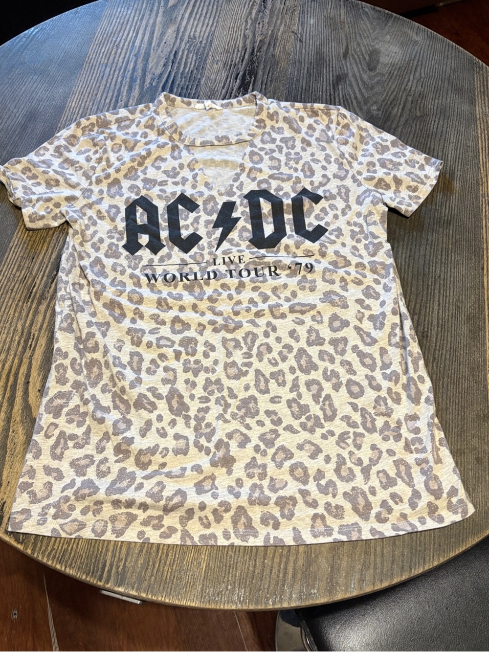 AC/DC Short-Sleeve Leopard Print Tee in Cream and Brown